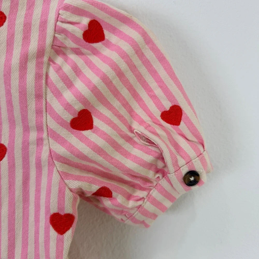 Mini Boden Girls Pink White Striped Red Heart Embroidered Denim Dress 6-7Y G5127